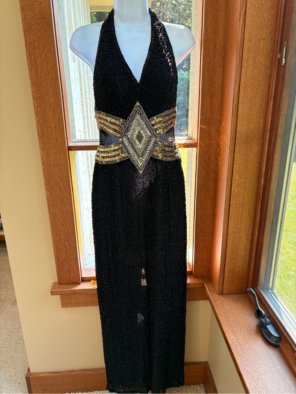 NITELINE by DELLA ROUFOGALI GOWN VINTAGE BLACK GOLD BEADED HALTER DRESS SIZE 4